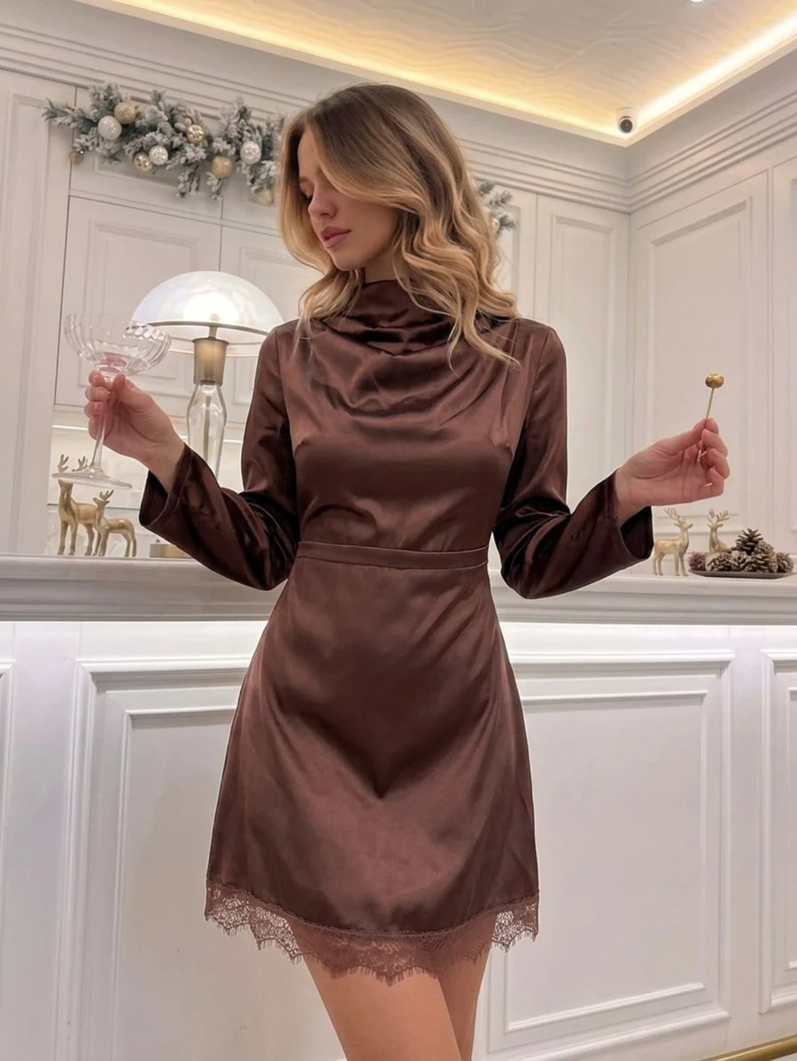Easowa Womens Fall/Winter Elegant Mini Dress With Draped Neckline Long Sleeves And Lace Trim For Evening Or Party Wear Date Night Christmas New Year - Dark Brown - View 1
