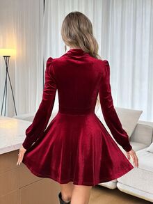 Easowa Women's Fall/Winter Dress Solid Color Long Sleeve Button Design Fashion Mini Dress Dinner Date Burgundy Red Christmas Dress - Burgundy - View 8