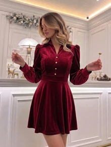 Easowa Women's Fall/Winter Dress Solid Color Long Sleeve Button Design Fashion Mini Dress Dinner Date Burgundy Red Christmas Dress - Burgundy - View 3