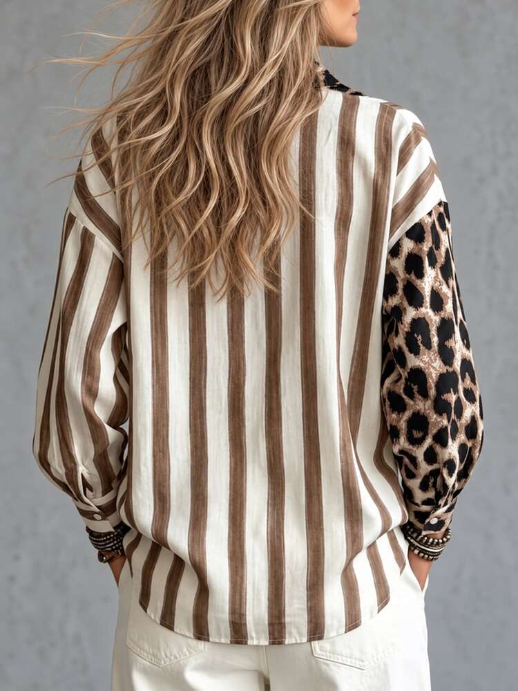Trelyra Women's New Autumn/Winter Leopard Print Patchwork Striped Button-Down Long Sleeve Shirt - Khaki - View 2
