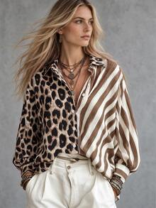 Trelyra Women's New Autumn/Winter Leopard Print Patchwork Striped Button-Down Long Sleeve Shirt - Khaki - View 3