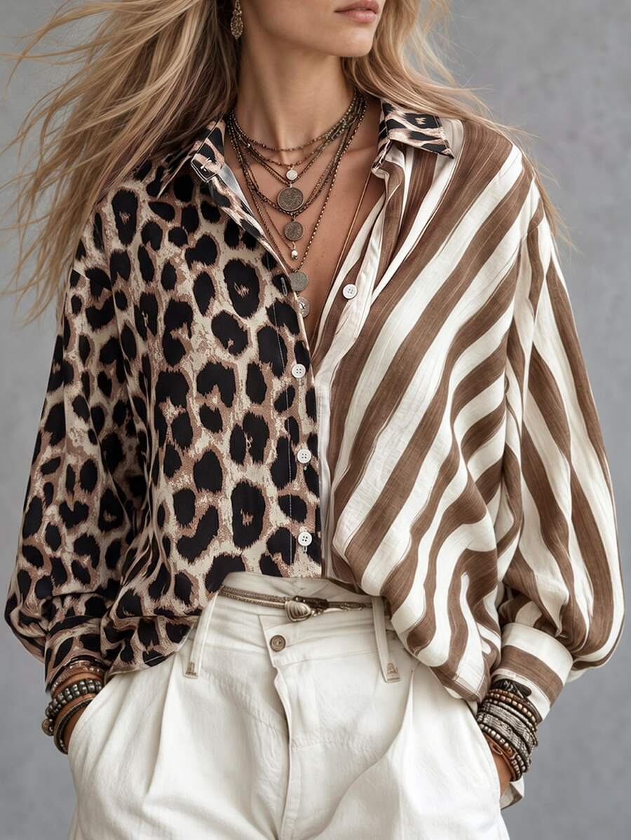 Trelyra Women's New Autumn/Winter Leopard Print Patchwork Striped Button-Down Long Sleeve Shirt - Khaki - View 1