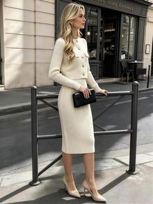 Cévolie Bộ áo cardigan chi tiết vạt đắp và chân váy dệt kim mùa thu - Màu be - Xem 4