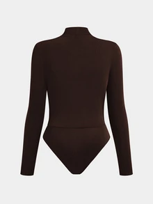 Sweetra Plus Size Burgundy Stand Collar Ruched Chest Fitted Long Sleeve Bodysuit Winter - Coffee Brown - View 2