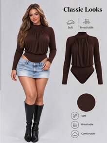Sweetra Plus Size Burgundy Stand Collar Ruched Chest Fitted Long Sleeve Bodysuit Winter - Coffee Brown - View 1
