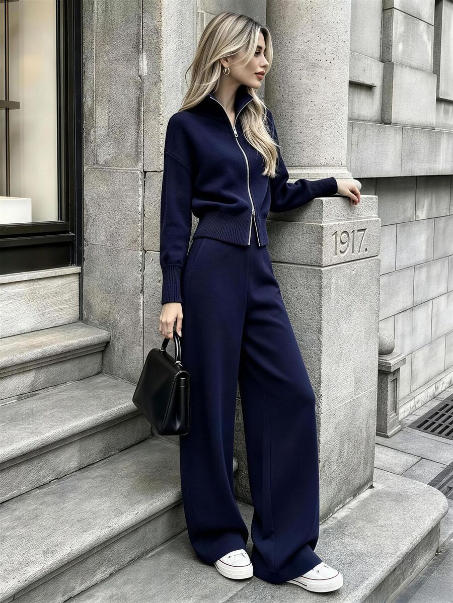 Cévolie Women's Zip-Up Long Sleeve Sweater And Loose Knit Pants Set Autumn - Blue - View 1