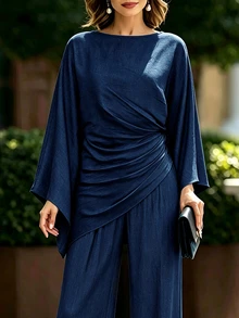 SHEIN Holidaya Women's Elegant Pleated Design Batwing Sleeve Blouse And Pants Set - Blue - View 3
