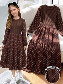 SHEIN 青少年女孩復古棕色波點長袖洋裝，秋季新款圓領羅紋針織拼接層次長裙，收腰修身泡泡袖中長版，流暢優雅剪裁，適合秋季旅行、日常、校園、通勤與約會穿著，溫柔優雅 - 咖啡棕 - 查看 1