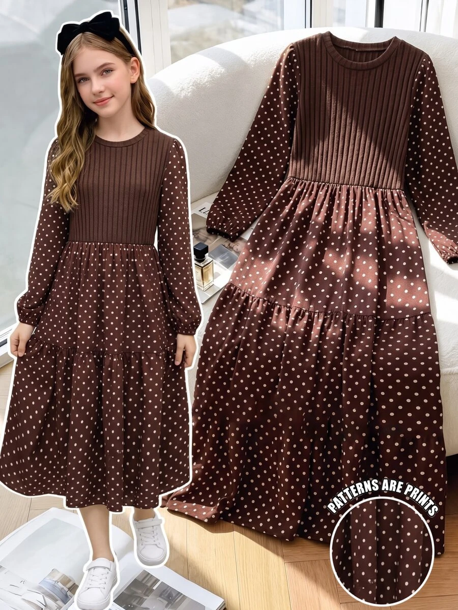 SHEIN 青少年女孩復古棕色波點長袖洋裝,秋季新款圓領羅紋針織拼接層次長裙,收腰修身泡泡袖中長版,流暢優雅剪裁,適合秋季旅行、日常、校園、通勤與約會穿著,溫柔優雅 - 咖啡棕 - 查看 1