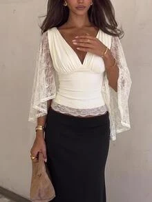 Siren Gaze Autumn/Winter New Lace Patchwork Waist-Cinching Top - Apricot - View 1
