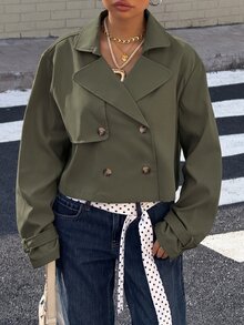 Muchica 女款休閒軍綠色缺口領雙排扣夾克外套 - 軍綠色 - 查看 5