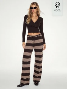 ATUI Studio Women's Brown Wrap Top & Retro Striped Wool-Blend Knit Wide-Leg Pants Set | Fall Fashion Cozy Style Retro Style OOTD - Multicolor - View 1