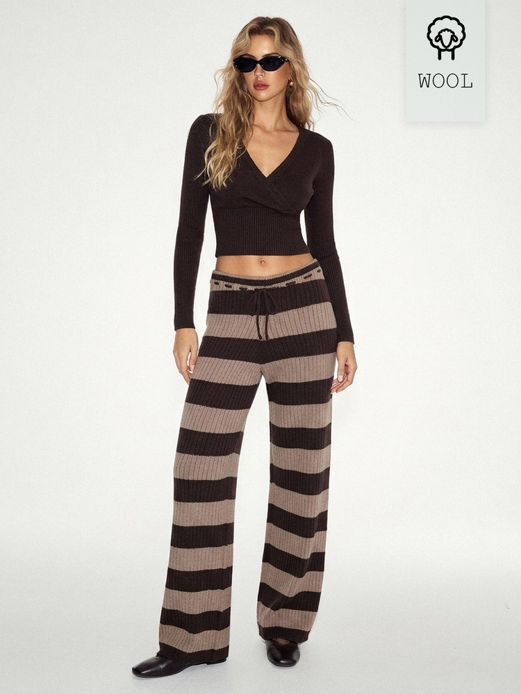 ATUI Studio Women's Brown Wrap Top & Retro Striped Wool-Blend Knit Wide-Leg Pants Set | Fall Fashion Cozy Style Retro Style OOTD - Multicolor - View 2