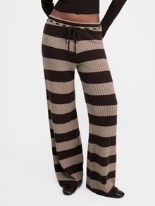 ATUI Studio Women's Brown Wrap Top & Retro Striped Wool-Blend Knit Wide-Leg Pants Set | Fall Fashion Cozy Style Retro Style OOTD - Multicolor - View 4