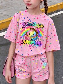 Girls' Creative Cartoon Colorful Cute Bun Pattern Fun Letter Print Basic Short T-Shirt And Shorts Set - Multicolor - View 3