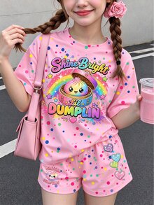 Girls' Creative Cartoon Colorful Cute Bun Pattern Fun Letter Print Basic Short T-Shirt And Shorts Set - Multicolor - View 1