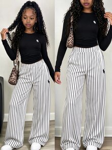 SHEIN Tween Girl Mini Knitted Loose Fit Black T-Shirt Set Halloween Autumn Fall Style Fall Outfits School Sport Black And White Cool Girl Band - Black - View 2