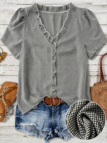 SHEIN Franclia Plaid Short Sleeve Loose Basic Shirt, V-Neck Ruffle Puff Sleeve Design, Flattering Slimming, Casual Wear For Women, Suitable For Graduation, Summer - Black and White - View 1