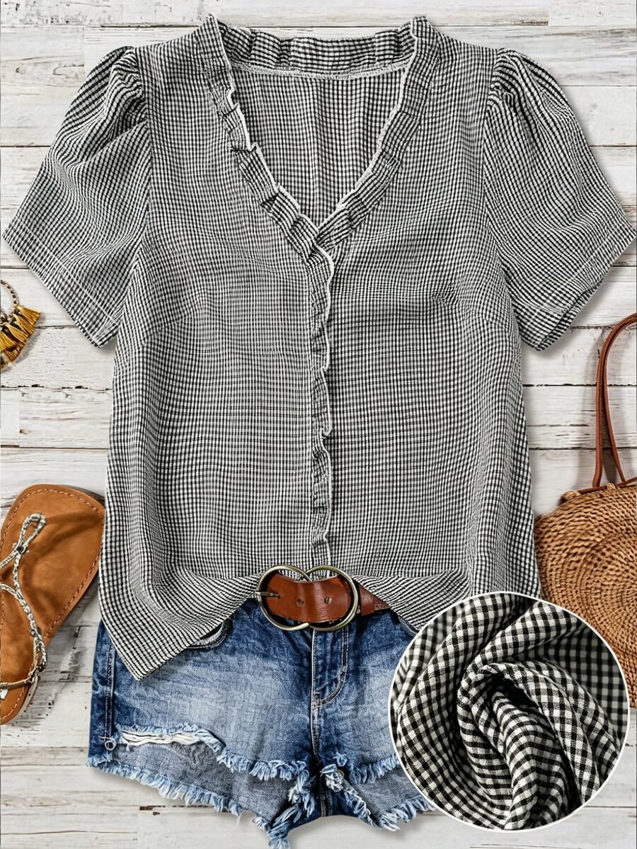 SHEIN Franclia Plaid Short Sleeve Loose Basic Shirt, V-Neck Ruffle Puff Sleeve Design, Flattering Slimming, Casual Wear For Women, Suitable For Graduation, Summer - Black and White - View 1