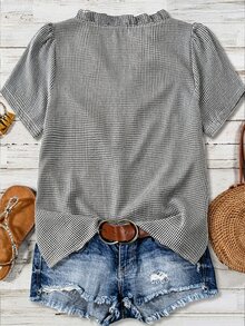 SHEIN Franclia Plaid Short Sleeve Loose Basic Shirt, V-Neck Ruffle Puff Sleeve Design, Flattering Slimming, Casual Wear For Women, Suitable For Graduation, Summer - Black and White - View 2