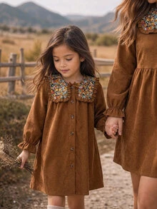SHEIN Ditsy Floral Peter Pan Kids Collar Petal Sleeve Long Sleeve Autumn Dress - Multicolor - View 2