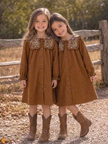 SHEIN Ditsy Floral Peter Pan Kids Collar Petal Sleeve Long Sleeve Autumn Dress - Multicolor - View 4