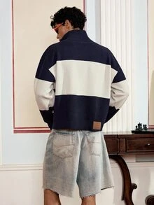 SWAVVY 男士休闲字母印花长袖针织开衫，适合秋冬季 - 藏蓝色 - 查看 2