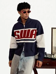 SWAVVY 男士休闲字母印花长袖针织开衫，适合秋冬季 - 藏蓝色 - 查看 1