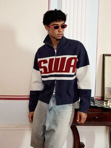 SWAVVY 男士休闲字母印花长袖针织开衫，适合秋冬季 - 藏蓝色 - 查看 7