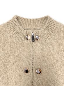 SHEIN Women's Autumn/Winter Loose Knit Cardigan, Faux Mink Fur Feel Thickened Sweater Jacket With Napoleon Buttons And Zipper Front - Camel - View 5