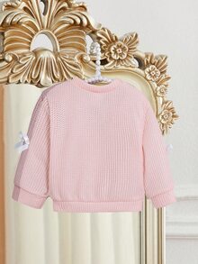SHEIN V-Neck Cardigan For Baby Girls, Solid Color, Bow Decor, Long Sleeve, Button Front, Knitted Sweater Jacket, Fall Club Concert Formal Light Pink - Baby Pink - View 3