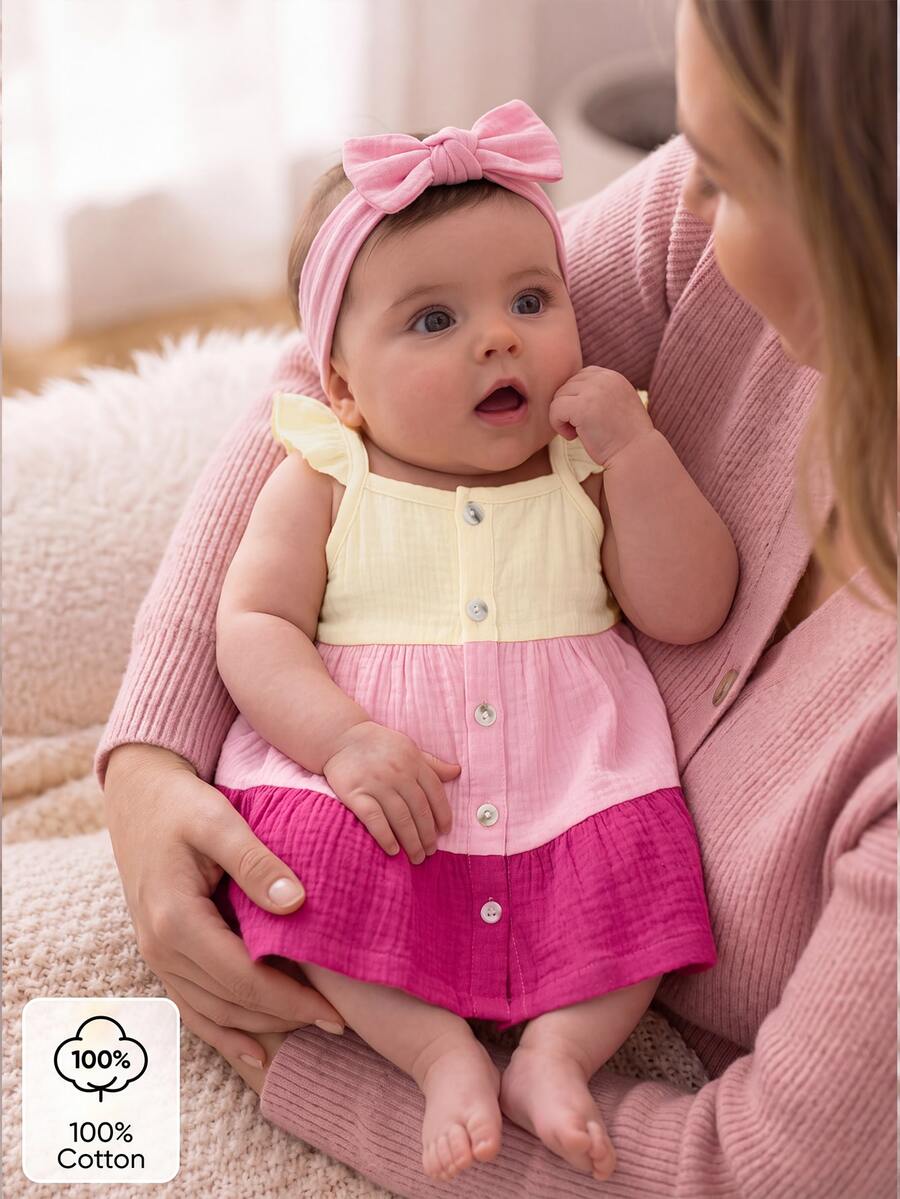 SHEIN Newborn Baby Contrast Color Ruffle Front Button Dress Photoshoot Holiday Baby Pink Pastel Pink Summer Cute Daddys Girl
