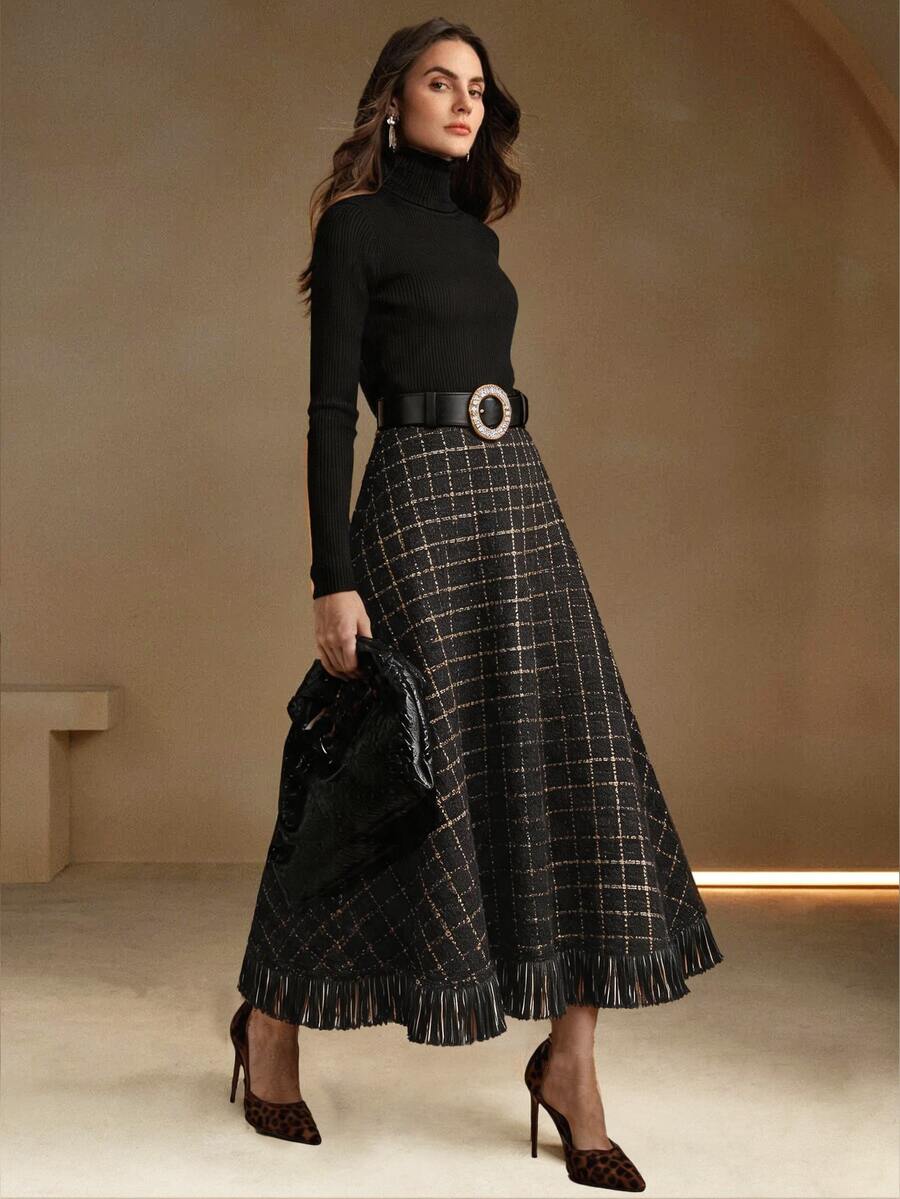 Anewsta Autumn/Winter New Fashion Retro Plaid A-Line Flared Umbrella Skirt - Black - View 1
