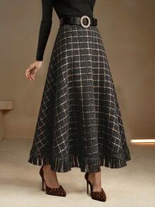 Anewsta Autumn/Winter New Fashion Retro Plaid A-Line Flared Umbrella Skirt - Black - View 4