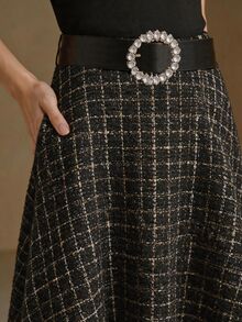 Anewsta Autumn/Winter New Fashion Retro Plaid A-Line Flared Umbrella Skirt - Black - View 3