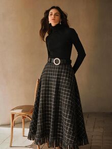 Anewsta Autumn/Winter New Fashion Retro Plaid A-Line Flared Umbrella Skirt - Black - View 5