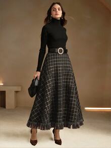 Anewsta Autumn/Winter New Fashion Retro Plaid A-Line Flared Umbrella Skirt - Black - View 6
