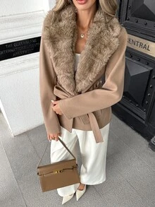 SHEIN PariChic Women's Solid Color Elegant Plush Patchwork Waist-Cinching Jacket With Pockets, Fashionable Versatile, Autumn/Winter - Brown - View 8