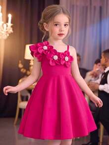 SHEIN Young Girls Baby Pink Rhinestone Flower Decor A-Line Dress, Fashion Summer Dress For Birthday Party 7th Birthday And Gathering Summer Wedding - Hot Pink - View 2