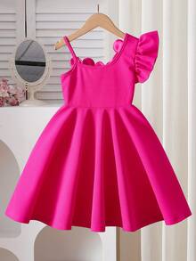 SHEIN Young Girls Baby Pink Rhinestone Flower Decor A-Line Dress, Fashion Summer Dress For Birthday Party 7th Birthday And Gathering Summer Wedding - Hot Pink - View 3