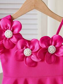 SHEIN Young Girls Baby Pink Rhinestone Flower Decor A-Line Dress, Fashion Summer Dress For Birthday Party 7th Birthday And Gathering Summer Wedding - Hot Pink - View 7