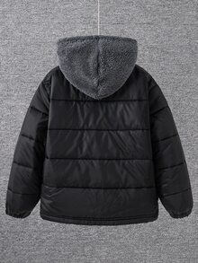 SHEIN Little Byeori 儿童/青少年男童休闲连帽拉链厚梭织长袖冬季派克大衣，适合通勤、上学、日常、度假、运动、春夏秋冬 - 黑色 - 查看 5