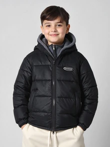 SHEIN Little Byeori 儿童/青少年男童休闲连帽拉链厚梭织长袖冬季派克大衣，适合通勤、上学、日常、度假、运动、春夏秋冬 - 黑色 - 查看 4