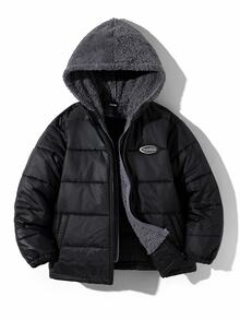 SHEIN Little Byeori 儿童/青少年男童休闲连帽拉链厚梭织长袖冬季派克大衣，适合通勤、上学、日常、度假、运动、春夏秋冬 - 黑色 - 查看 1
