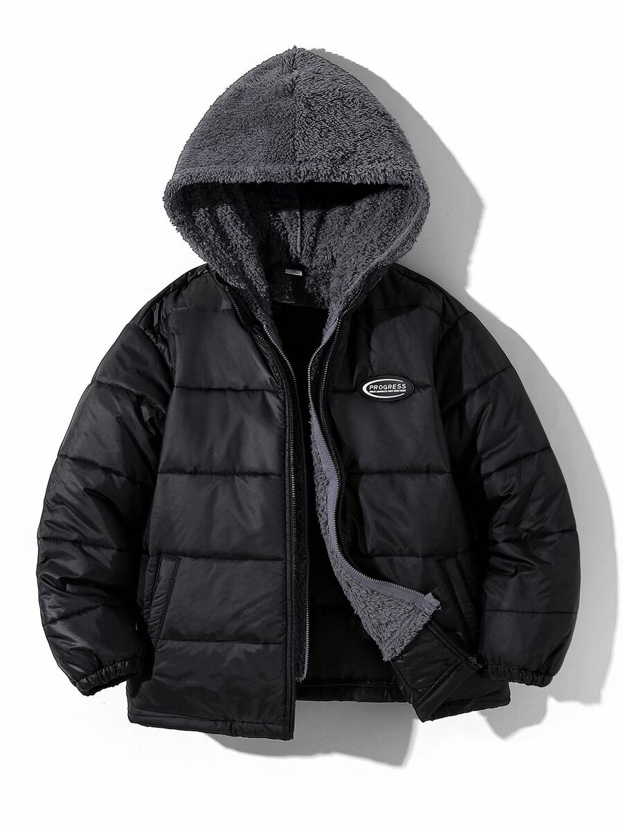 SHEIN Little Byeori 儿童/青少年男童休闲连帽拉链厚梭织长袖冬季派克大衣,适合通勤、上学、日常、度假、运动、春夏秋冬 - 黑色 - 查看 1