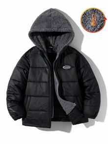 SHEIN Little Byeori 儿童/青少年男童休闲连帽拉链厚梭织长袖冬季派克大衣，适合通勤、上学、日常、度假、运动、春夏秋冬 - 黑色 - 查看 2
