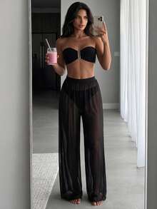 SHEIN Swim Summer Beach Plain Bandeau Bikini Set With Cover Up Pants - Black - View 2