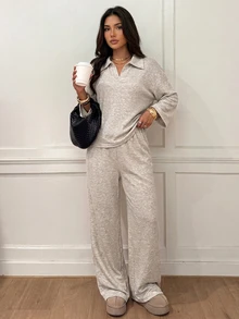 Siren Gaze Women's Casual Fall/ Collared V-Neck Long Sleeve Top And Pants Set Lounge Travel Beige Brunch - Apricot - View 8
