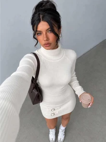 Autumina Autumn/Winter Soft White High Neck Slim Fit Knit Sweater Dress - White - View 1