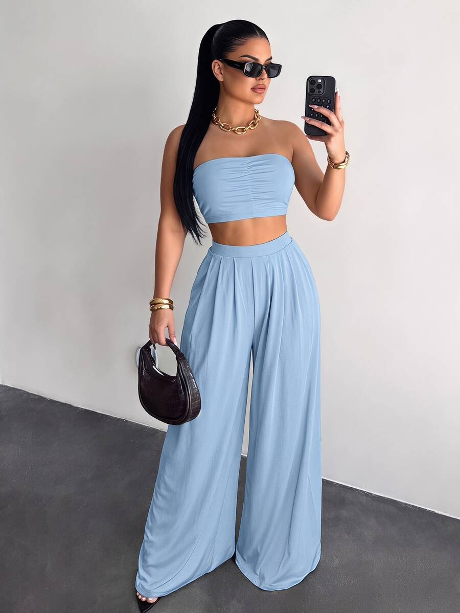 SHEIN SXY 女性時尚褶皺無肩帶寬腿褲套裝,適用於夏季度假、海灘、BOHO性感風格 - 淺藍色 - 查看 1